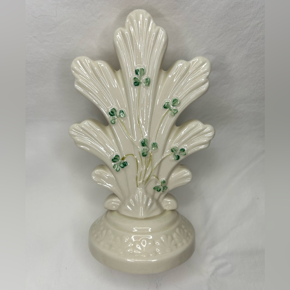 Vintage Belleek Ireland Porcelain Three Stem Spill Vase | Green Shamrock Pattern